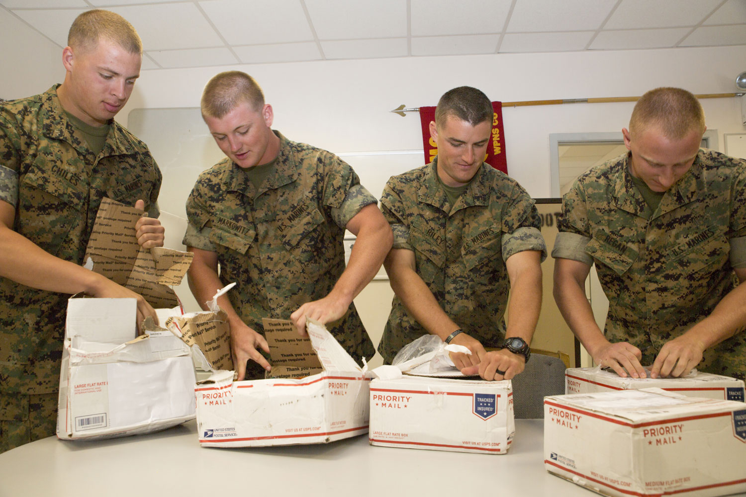 U.S. Marines receiving care packages